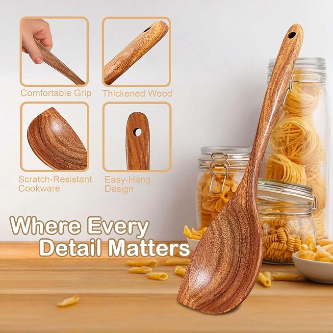 Wooden Spoons for Cooking, 4 Piece Natural Premium Teak Wooden Cooking Utensils - Image 3