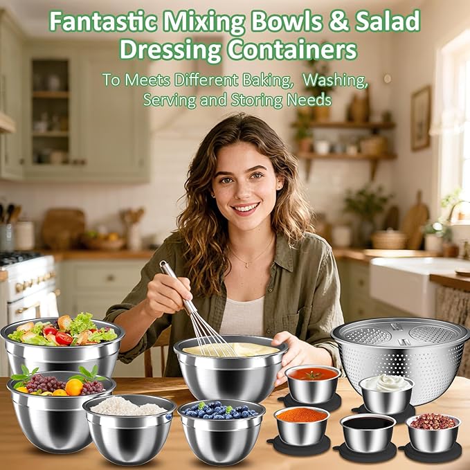 Mixing Bowls with Lids Set, Metal Salad Bowls with Colander, Grater & Dressing - Image 4