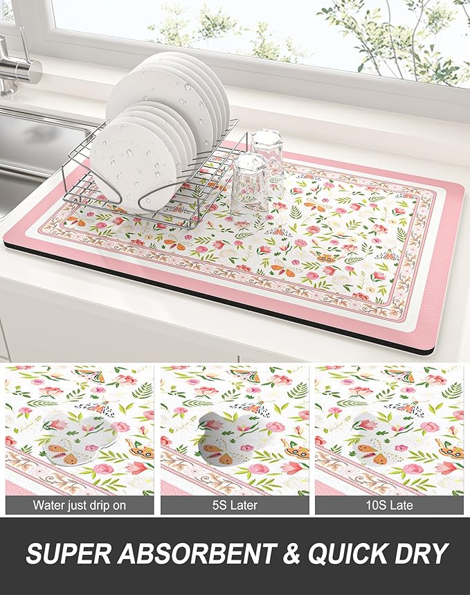 Rnivvi Dish Drying Mat for Kitchen Counter, XL 15 x 24" Cute Flower Theme - Image 3