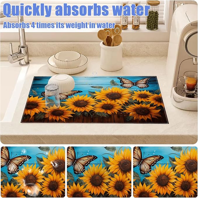 Sunflower Butterfly On Wooden Board Dish Drying Mat - Image 4