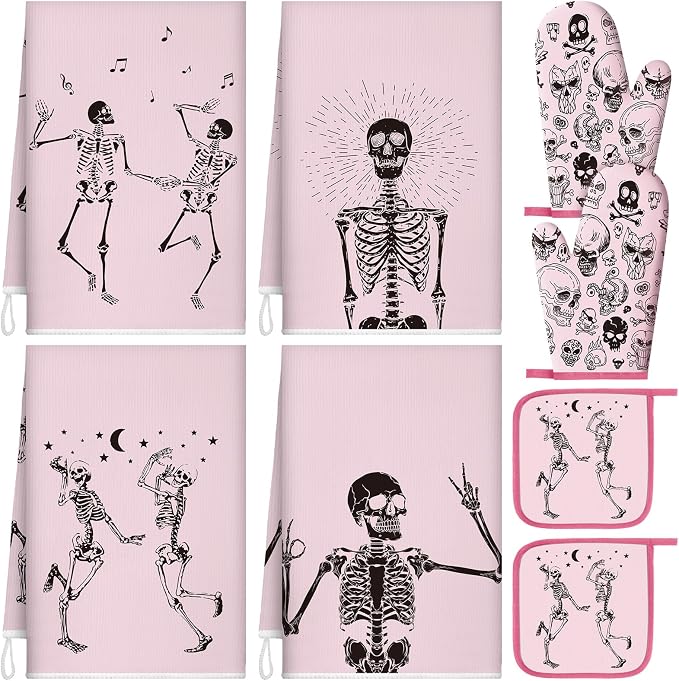 Leinuosen 8 Pcs Skull Kitchen Decor Set Kitchen Towels Gothic Oven Mitts and by Leinuosen