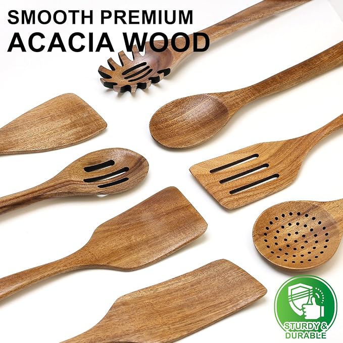 9 Pack Best Wooden Spoons Non Toxic Cooking Utensil Set - Image 7