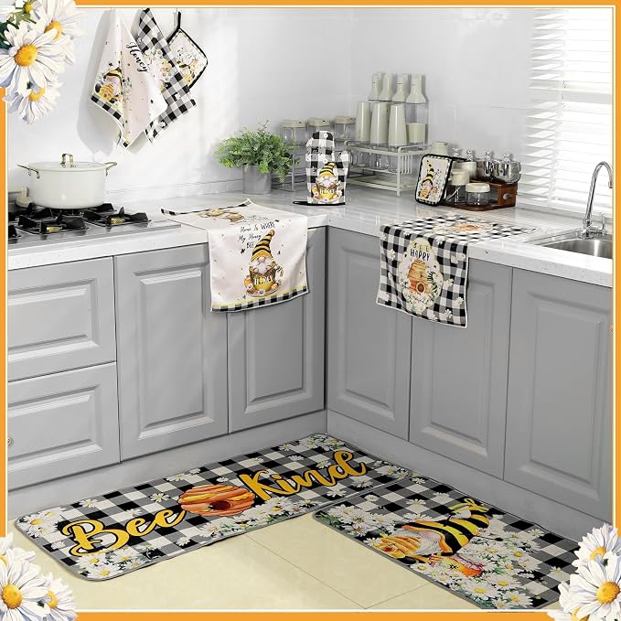 Fourluoo 10 Pcs Bee Kitchen Decor Set 4 Kitchen Towels 2 Pot Holders 2 Oven - Image 7
