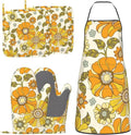 Retro 70s Style Flower Oven Mitts Pot Holders Cooking Apron Set of 5 Silicone by Unknown