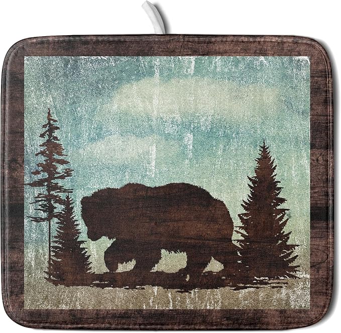 Giwawa Retro Brown Bear Forest Cabin Dish Drying Mat Countertop 16x18 Fall Blue by Giwawa