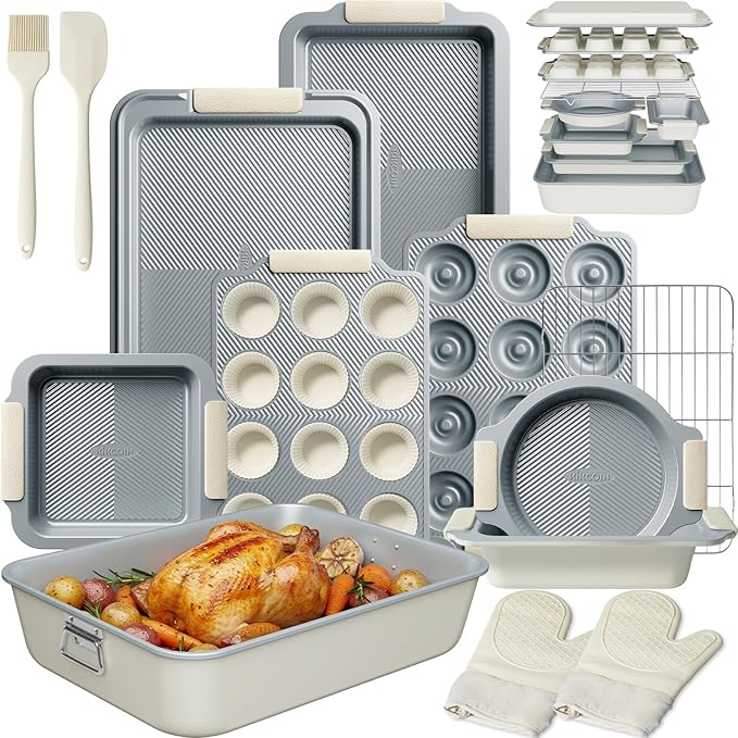 Kikcoin 25 PCS Stackable Baking Pans Set, Non-stick Bakeware Sets by Kikcoin