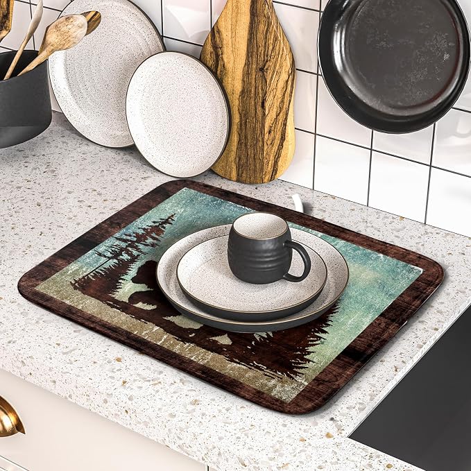 Giwawa Retro Brown Bear Forest Cabin Dish Drying Mat Countertop 16x18 Fall Blue - Image 5
