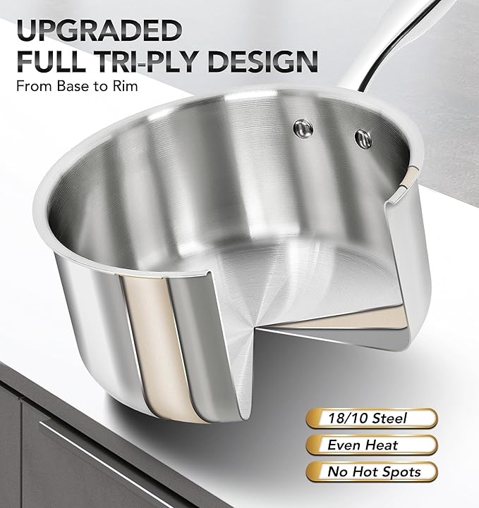 MICHELANGELO 1Qt & 2Qt Tri-ply Stainless Steel Saucepan Set, Small Cooking Pots - Image 2