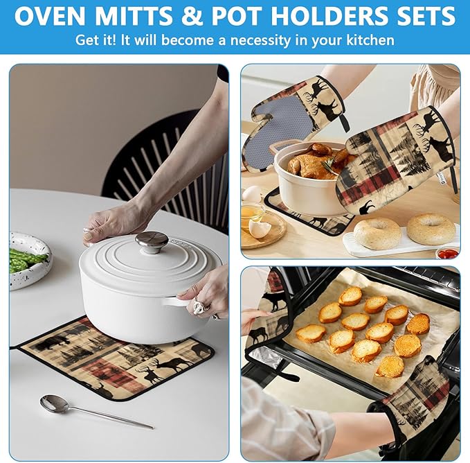 Deer and Bear Oven Mitts and Pot Holders Sets Heat Resistant 4Pcs Wild Animal - Image 6