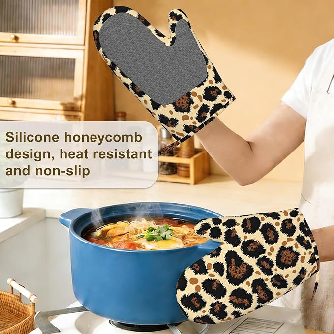 Leopard Print Oven Mitts and Pot Holders Sets of 4, Heat Resistant Silicone - Image 4