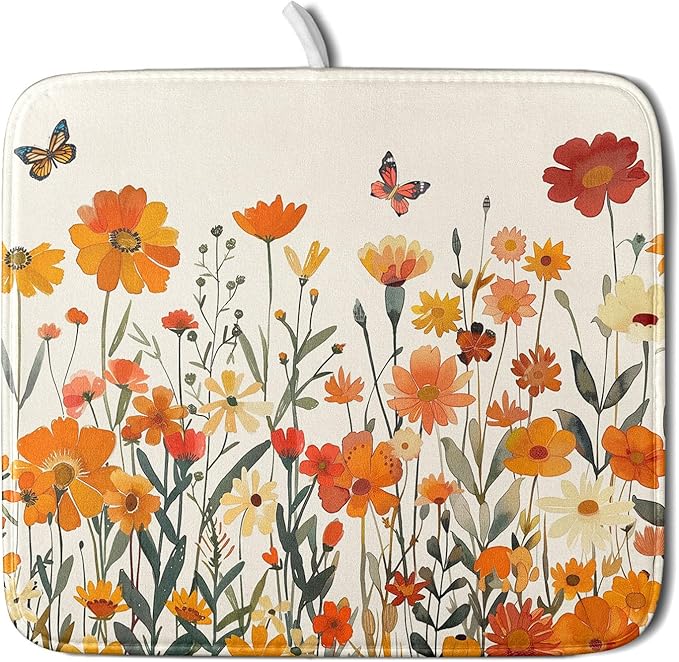Fall Orange Wildflower Dish Drying Mat by Anyako