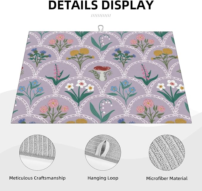 Vintage Flowers Dish Drying Mat 18x24 Inch, Microfiber Absorbent Fast Dry Mat - Image 3