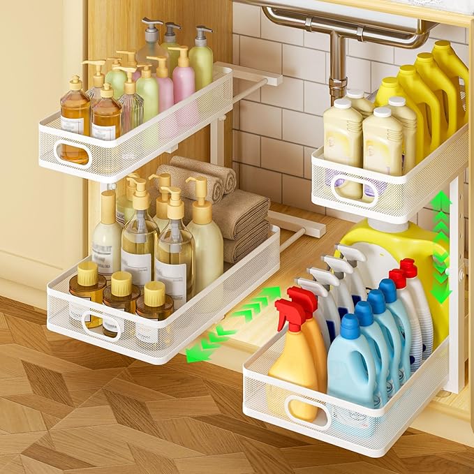 Under Sink Organizer 2-Pack, Metal 2-Tier Pull-Out Cabinet Shelf by AURIKAR