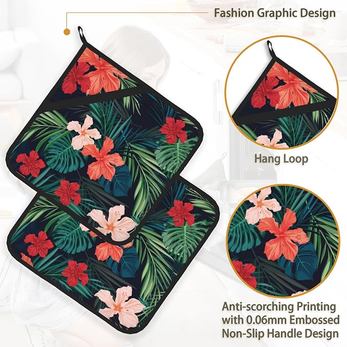 Tropic Hawaiian Hibiscus Flower Pot Holder Set of 2, Heat Resistant Potholders - Image 4