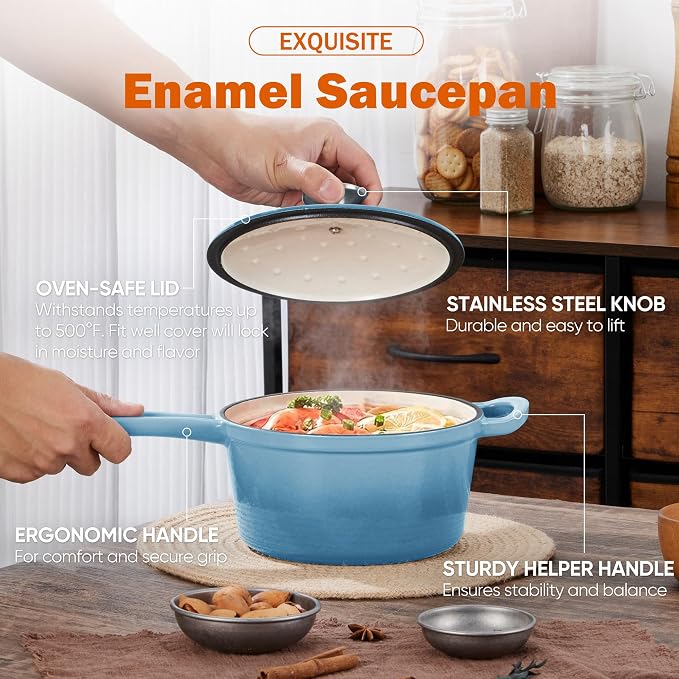 Homikit Small Cast Iron Pot, 2 QT Enameled Cast Iron Sauce Pan - Image 3