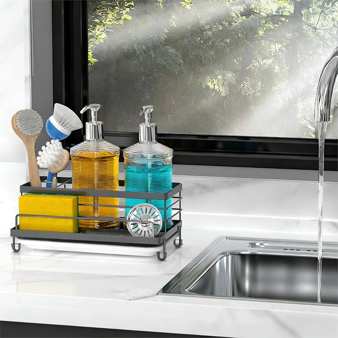 Cisily Gray Sponge Holder for Kitchen, Sink Caddy Sink Organizer Rack for - Image 6