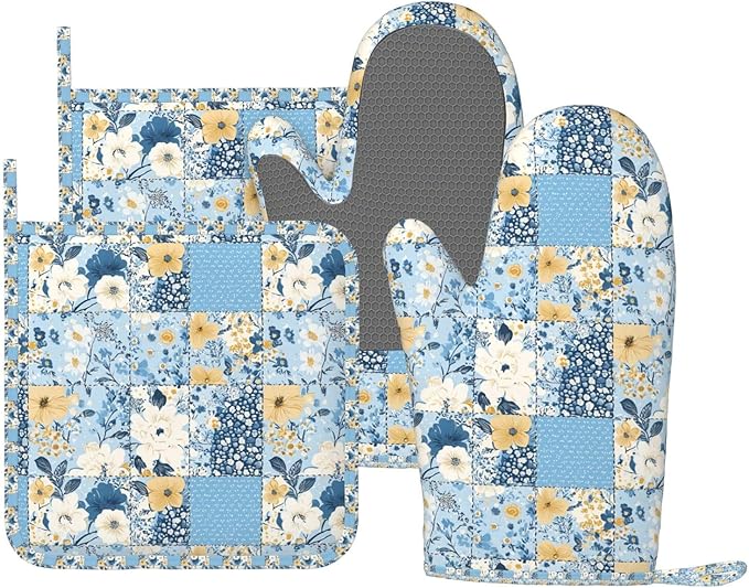 Oven Mitts and Pot Holders Floral Blue Pastel Vintage Silicone Kitchen by DADABULIU