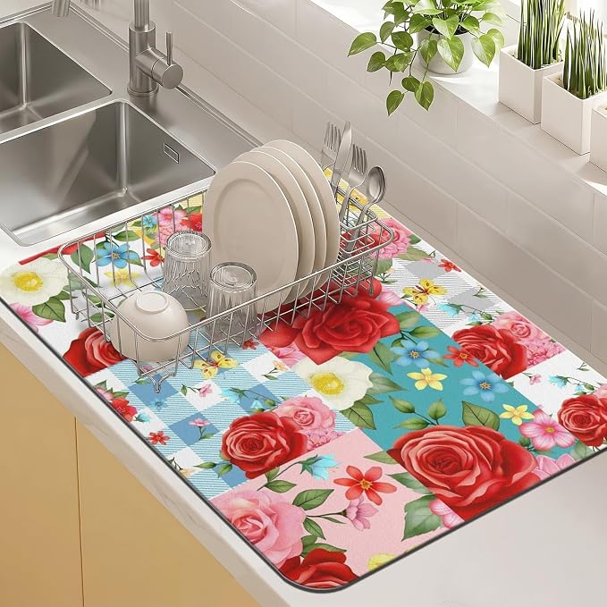 Kitchen Countertop Dish Drying Mat, Super Absorbent Coffee Bar Mat by Kuyig+Home