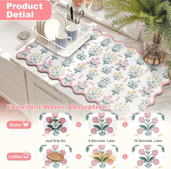 LOKHOM Scalloped Floral Dish Drying Mat, Cuttable Hide Stain Non-slip Drying Mat - Image 3