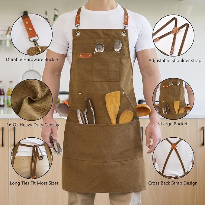 Aoomzoon Canvas Aprons for Men Chef Apron, Work Apron - 16oz Heavy Duty Cross - Image 6