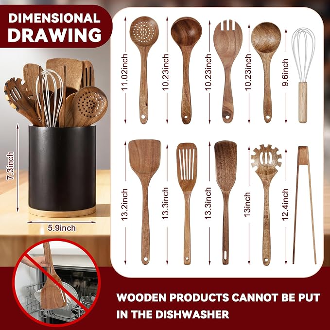SiliFine 11 Pcs Wooden Kitchen Utensils Set - Image 2
