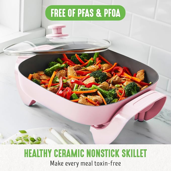 GreenLife12" 5QT Square Electric Skillet, Glass Vented Lid, Ceramic PFAS-Free - Image 2