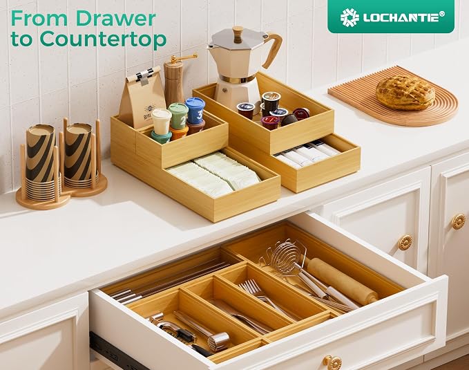 Bamboo Kitchen Drawer Organizer Set of 2, Stackable 15" x 6" Wood Silverware - Image 8