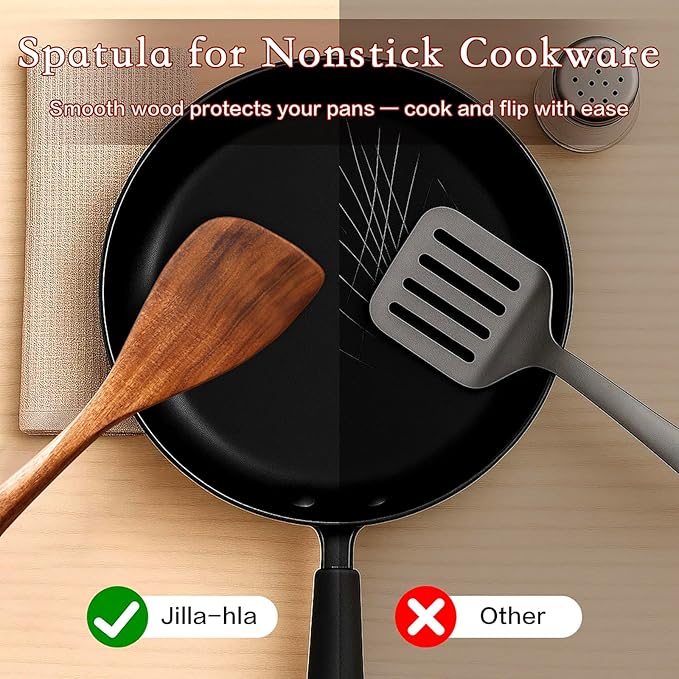 Jilla-hla Wooden Spatula Nonstick Turner Acacia Wood, Right Long Handle Flat - Image 5