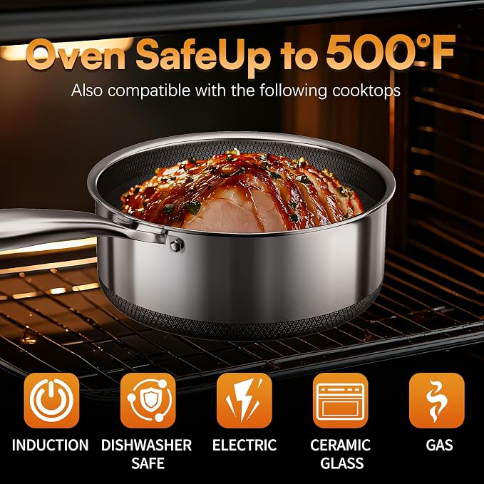 Sauce pan with Lid, KURRUNGIE 1.5 & 2.8 QT Hybrid Stainless Steel Cookware Set - Image 6