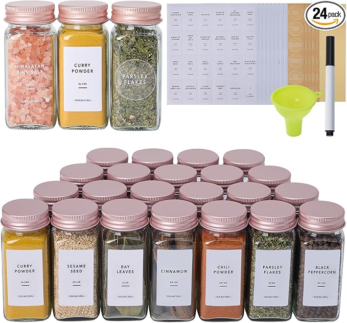 24 Pcs Glass Spice Jars with Labels and Pink Metal Caps, 4oz Empty Spice by Fiwence