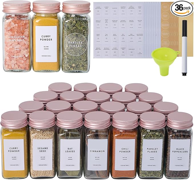 36 Pcs Glass Spice Jars with Labels and Pink Metal Caps, 4oz Empty Spice by Fiwence