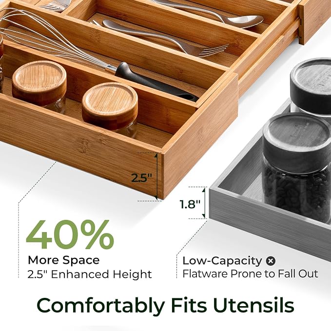keechee Carbonized Large Bamboo Kitchen Drawer Organizer, 12 Slots Expandable - Image 3