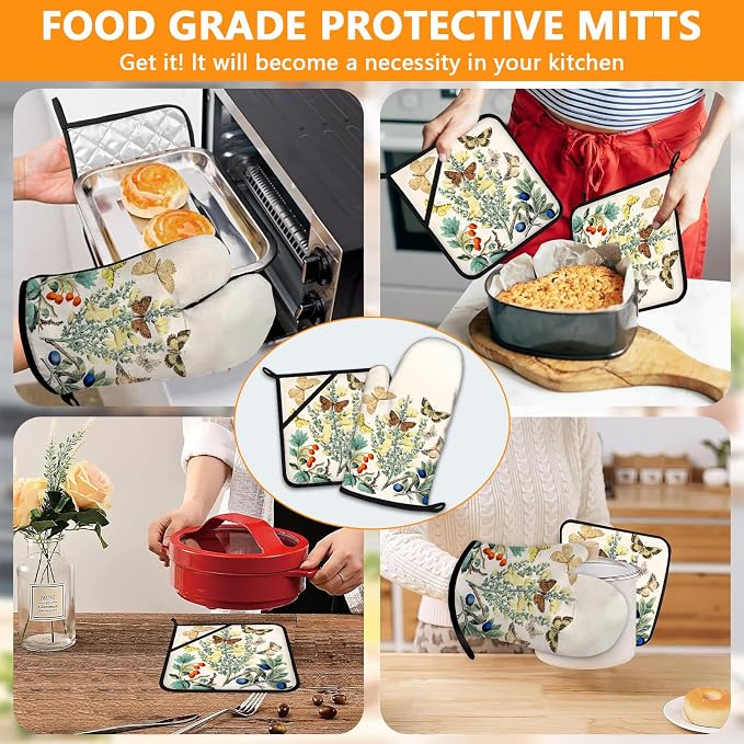 Wildflowers Butterfly Oven Mitts and Pot Holders Sets 4Pcs, Extra Long Oven - Image 7