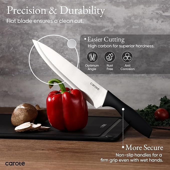 CAROTE Knife Set, Rustproof Stainless Steel 5 Kitchen Knife Set, Plain Black - Image 5