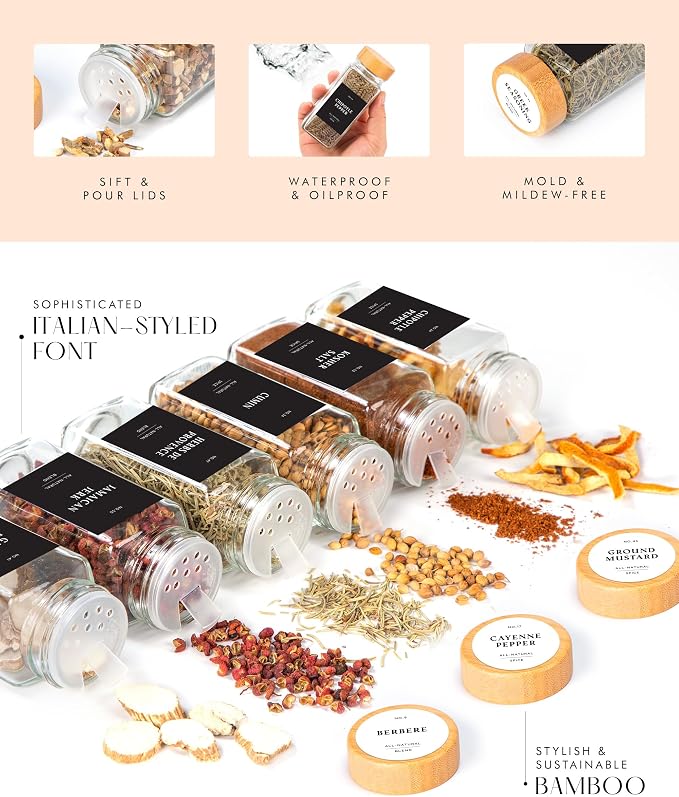 Bamboo Glass Spice Jars with Label and Shaker Lids Clear Empty 4oz 24 Pack - Image 6