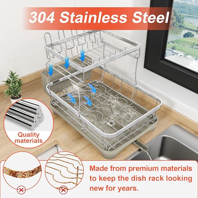 2-Tier Dish Drying Rack for Kitchen Counter, 304 Stainless Steel Dish Rack - Image 4