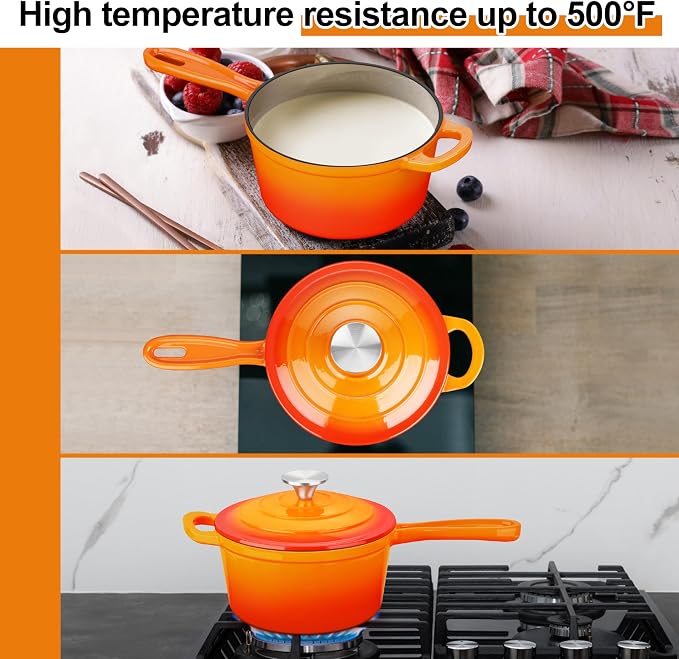 Enameled Cast Iron Sauce Pan, Leonyo 1 Qt & 2 Qt Saucepan Set, Cast Iron Dutch - Image 4