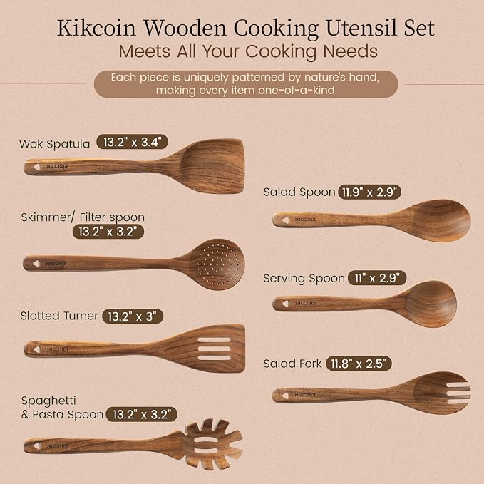 Kikcoin 7 PCS Durable Natural Teak Wooden Cooking Utensils Set, Non Toxic - Image 2
