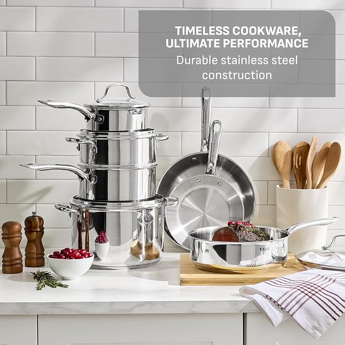 T-fal Stainless Steel Pots and Pans Set 11 Piece, Oven Broiler Safe 500F - Image 3