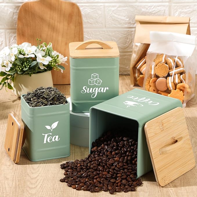 Maxdot 3 Set Coffee Sugar Tea Containers, Square Airtight Kitchen Canisters - Image 4