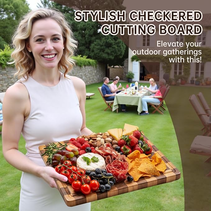 Checkered Cutting Boards for Kitchen, Wooden Cutting Board Set, Acacia Chopping - Image 7