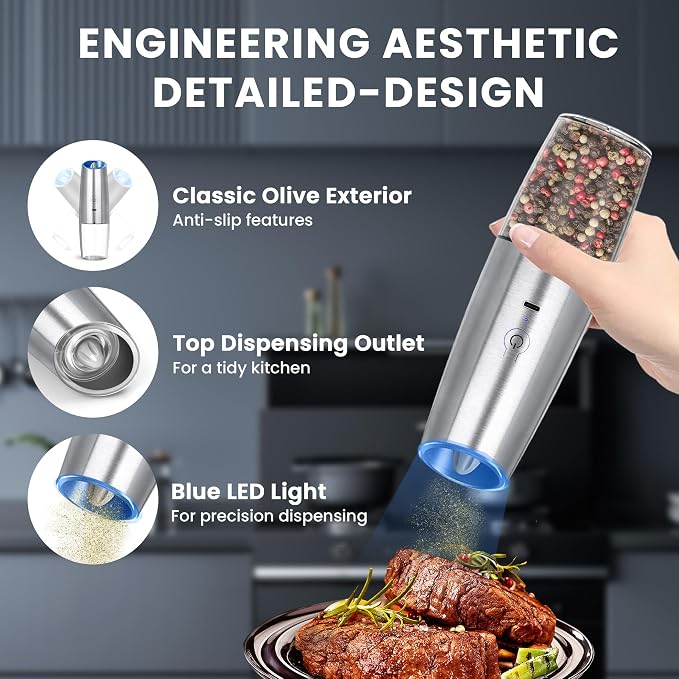 UNNEES Rechargeable Electric Salt and Pepper Grinder, gravity electric salt and - Image 4