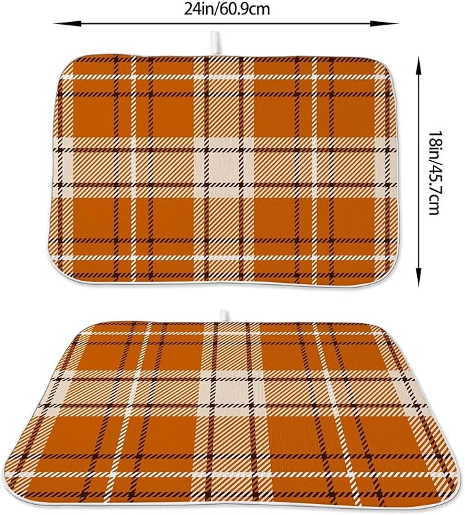 Fall Dish Drying Mat 18 x 24 inch Autumn Orange Buffalo Plaid Themed Decorative - Image 2