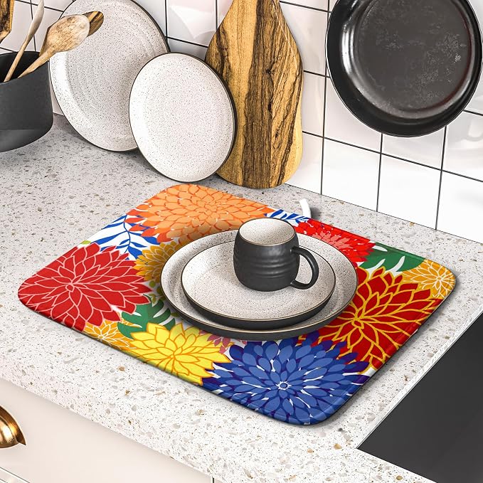 Modern Floral Dish Drying Mat 16x18 in Multicolored Tropical Drying Pad - Image 5