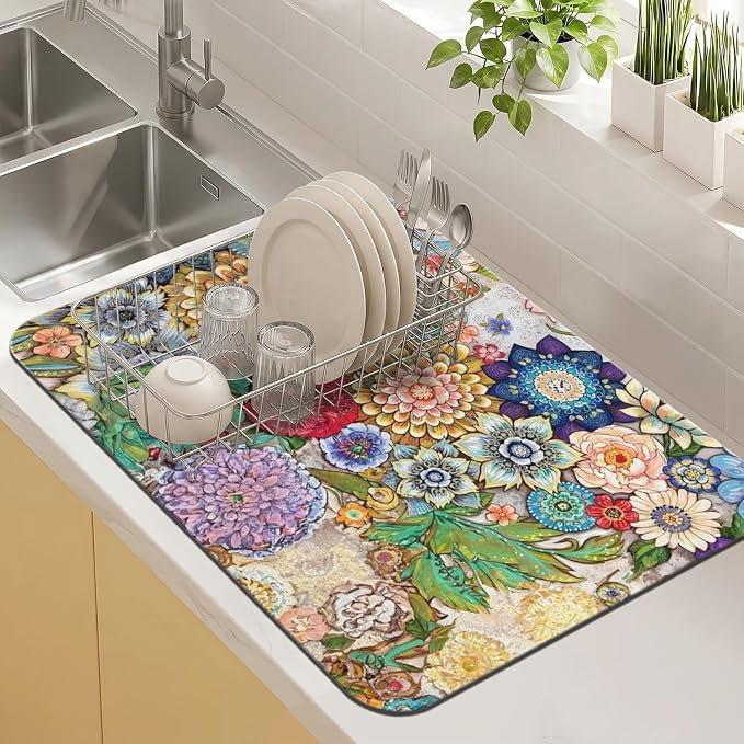 Kitchen Countertop Dish Drying Mat, Super Absorbent Coffee Bar Mat by Kuyig+Home
