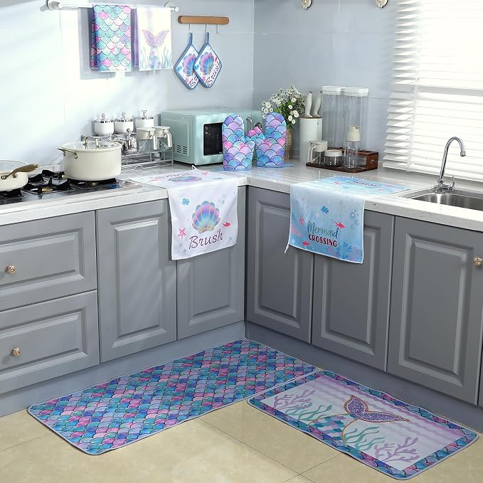 Fourluoo 10 Pcs Mermaid Kitchen Dish Towels Rugs Oven Mitts and Pot Holders Set - Image 4