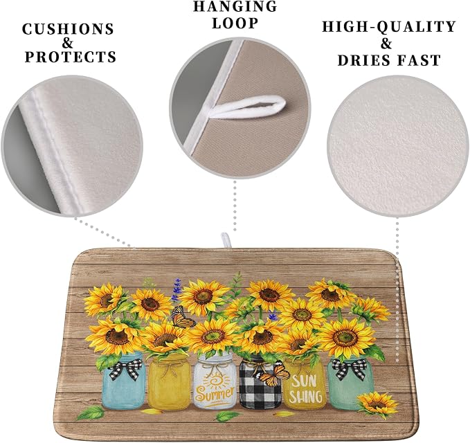 Sunflower Dish Drying Mat for Kitchen 16x18 Inch Counter Rustic Vintage Floral - Image 3