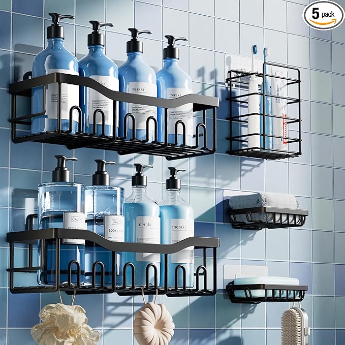 EUDELE 5-Pack Rustproof Stainless Steel Shower Caddy Set– No Drill Adhesive by EUDELE
