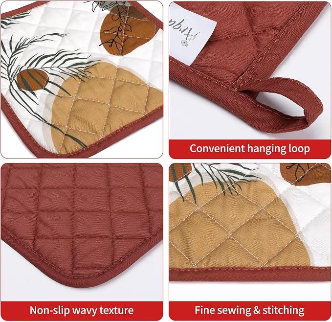 Boho Leaf Oven Mitts and Pot Holders Sets 2Pcs, 100% Cotton Heat Resistant - Image 3
