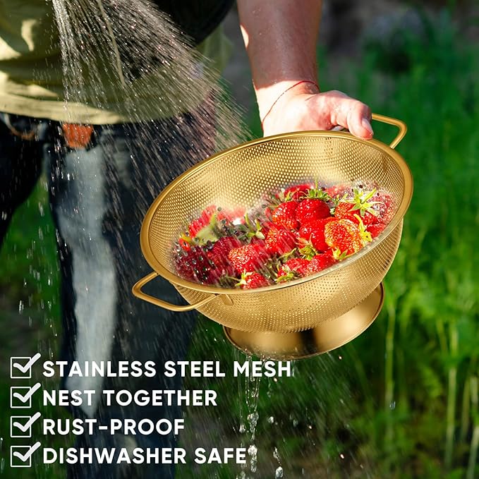 Bokon 3 Pcs Stainless Steel Colander Set Colander Bowl and Sieves 1/3/5 Quart - Image 7
